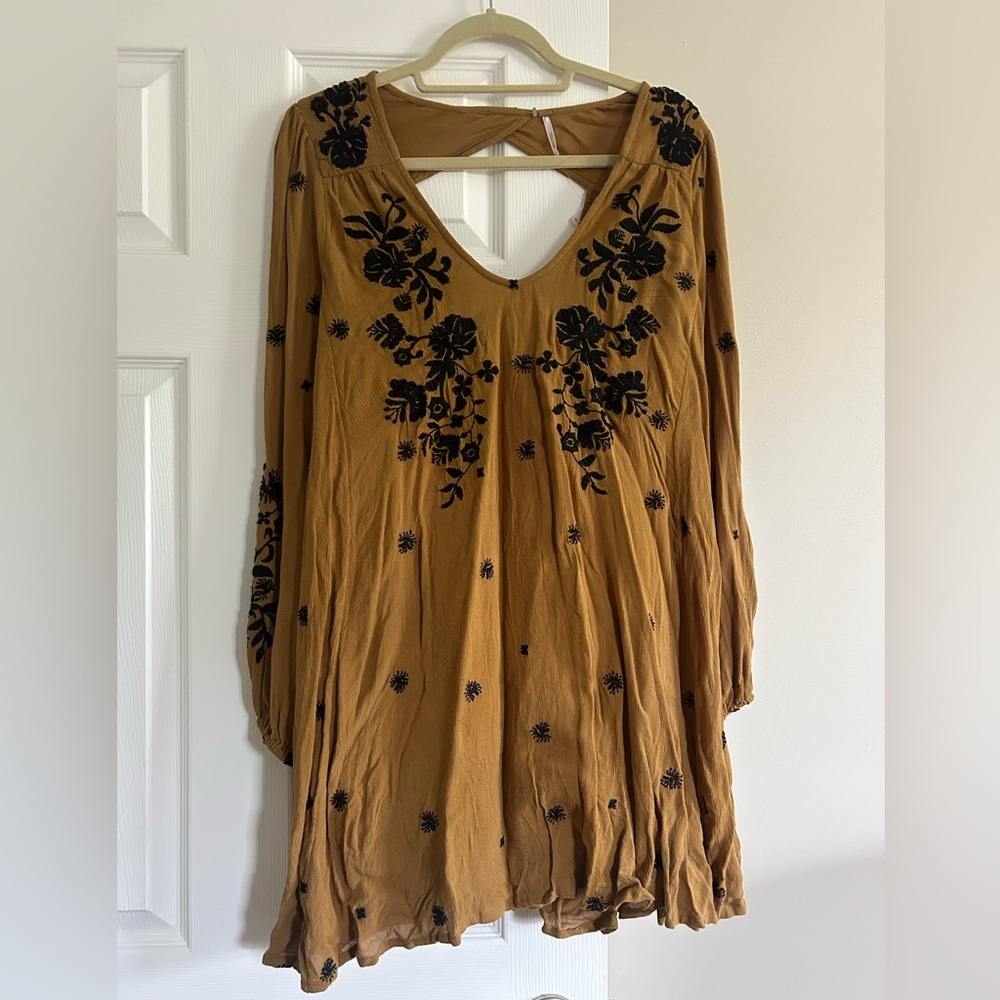 Free People Mustard Yellow Long Sleeve Dress with Black Floral Embroidery